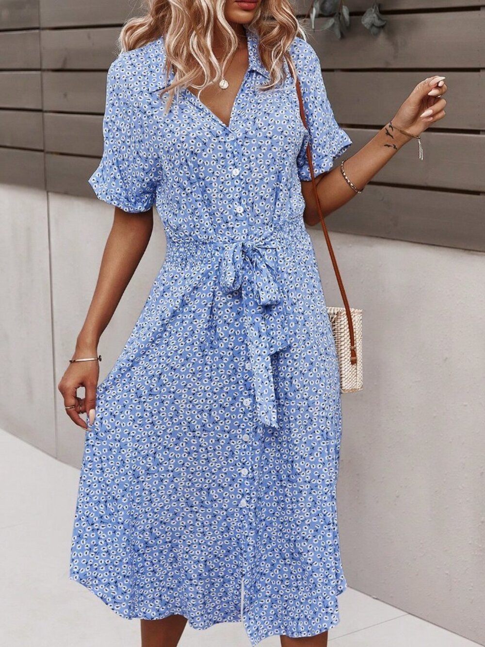 Baby Blue Casual Women's Ditsy Floral Print Batwing Sleeve Belted Shirt Dress - Picture 5 of 8